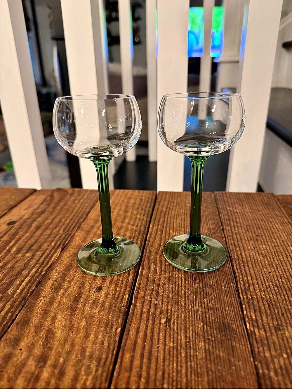 Pair of 3oz capacity Luminarc green stem cordial glasses